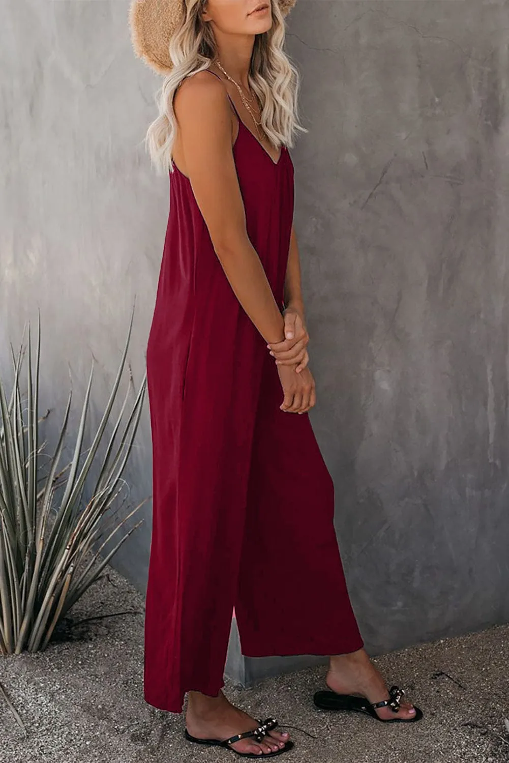 Burgundy Pocket Wide Leg Jumpsuit