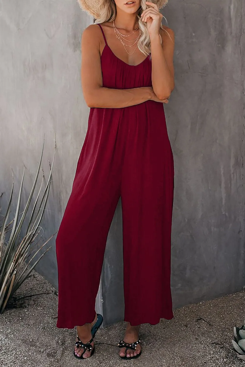 Burgundy Pocket Wide Leg Jumpsuit