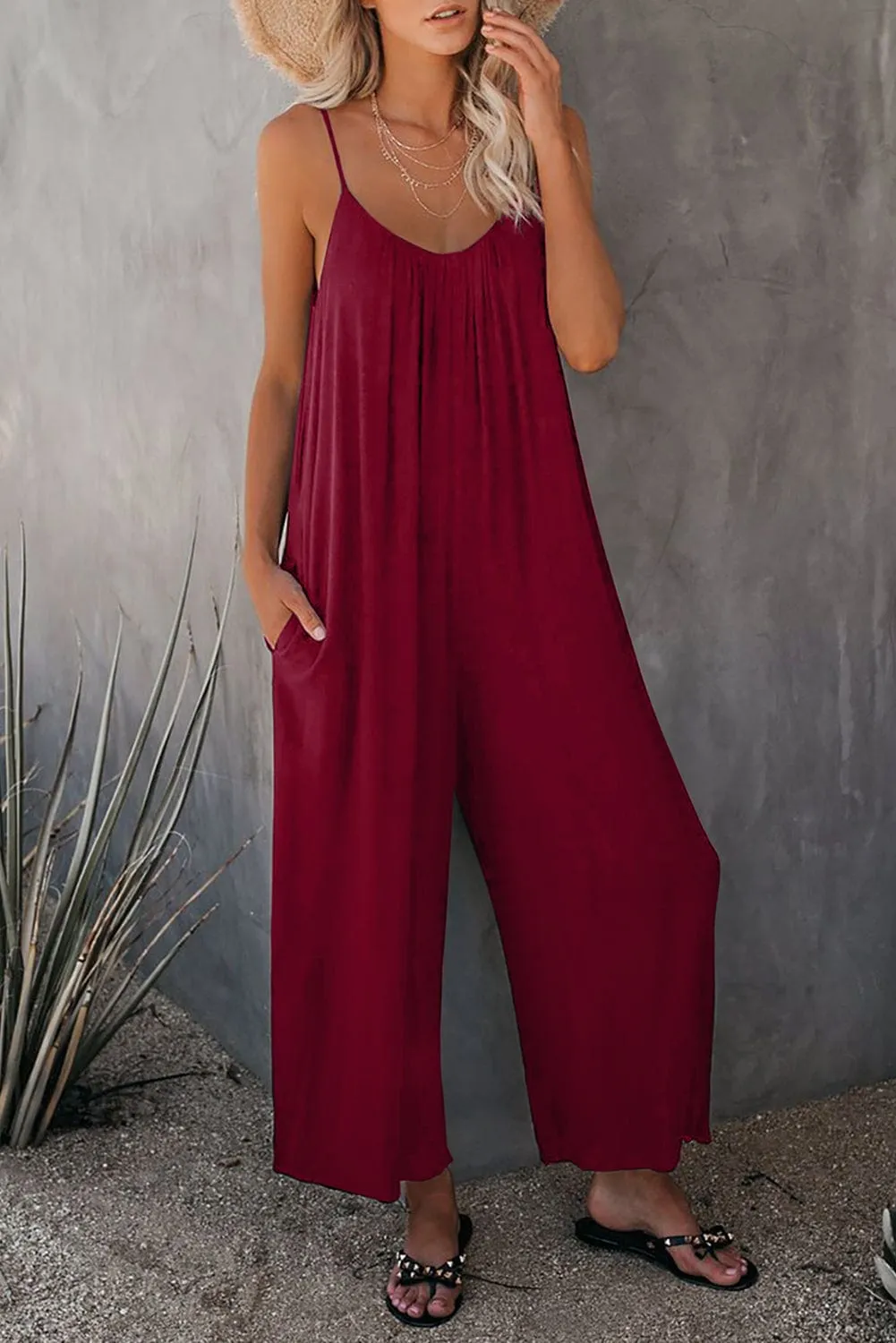 Burgundy Pocket Wide Leg Jumpsuit