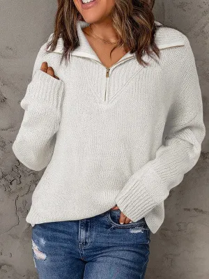 Casual Solid Color Oversized Knit Sweater With Zipper Detail