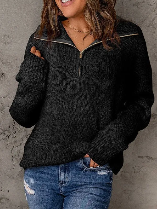 Casual Solid Color Oversized Knit Sweater With Zipper Detail