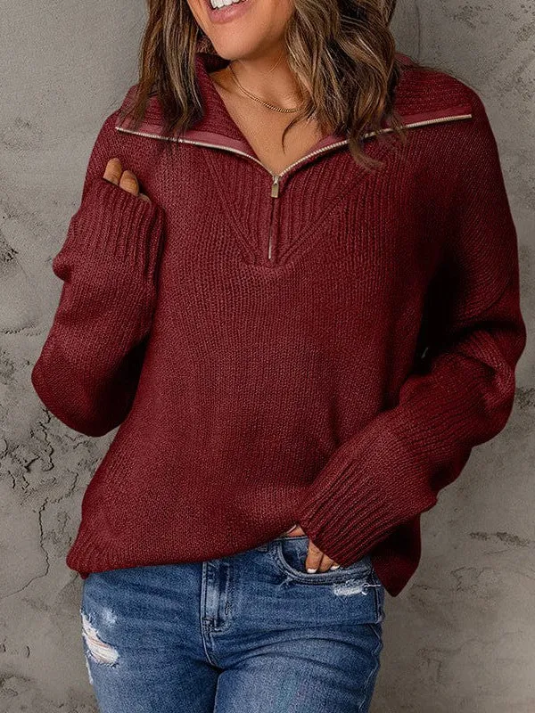 Casual Solid Color Oversized Knit Sweater With Zipper Detail