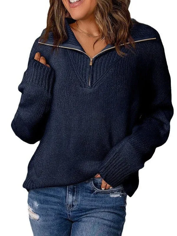 Casual Solid Color Oversized Knit Sweater With Zipper Detail