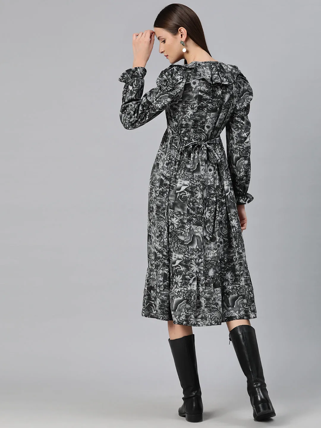 Cottinfab Women Floral Print Puff Sleeves Ruffled Crepe A-Line Midi Dress