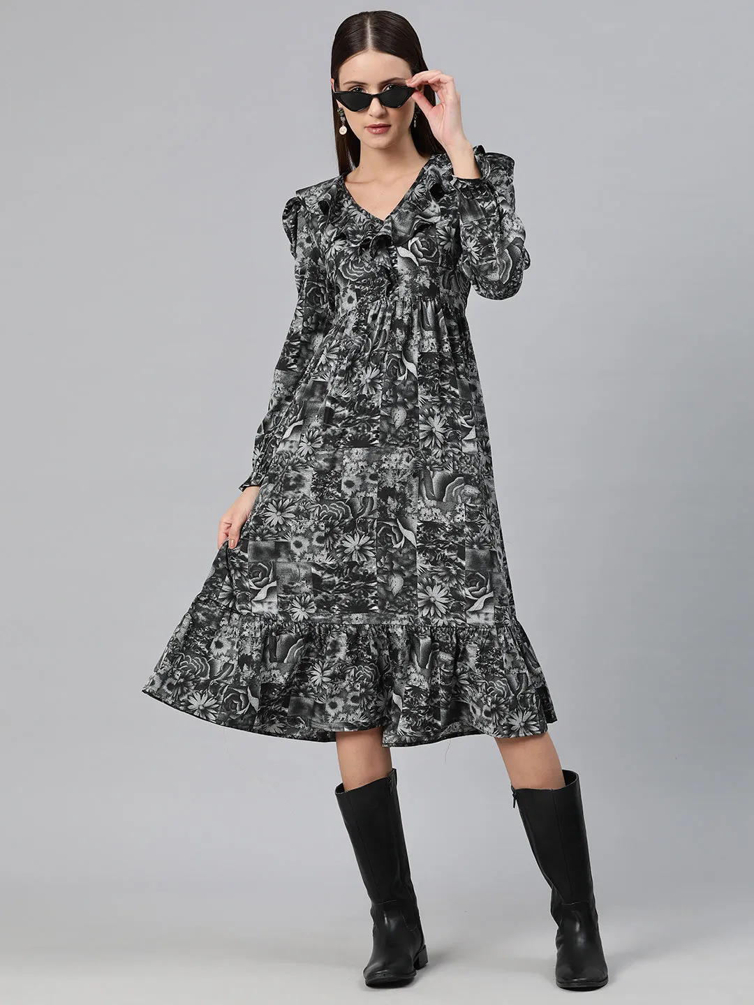 Cottinfab Women Floral Print Puff Sleeves Ruffled Crepe A-Line Midi Dress