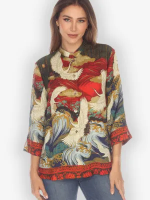 Crane Flying Fantasy Silk Blouse