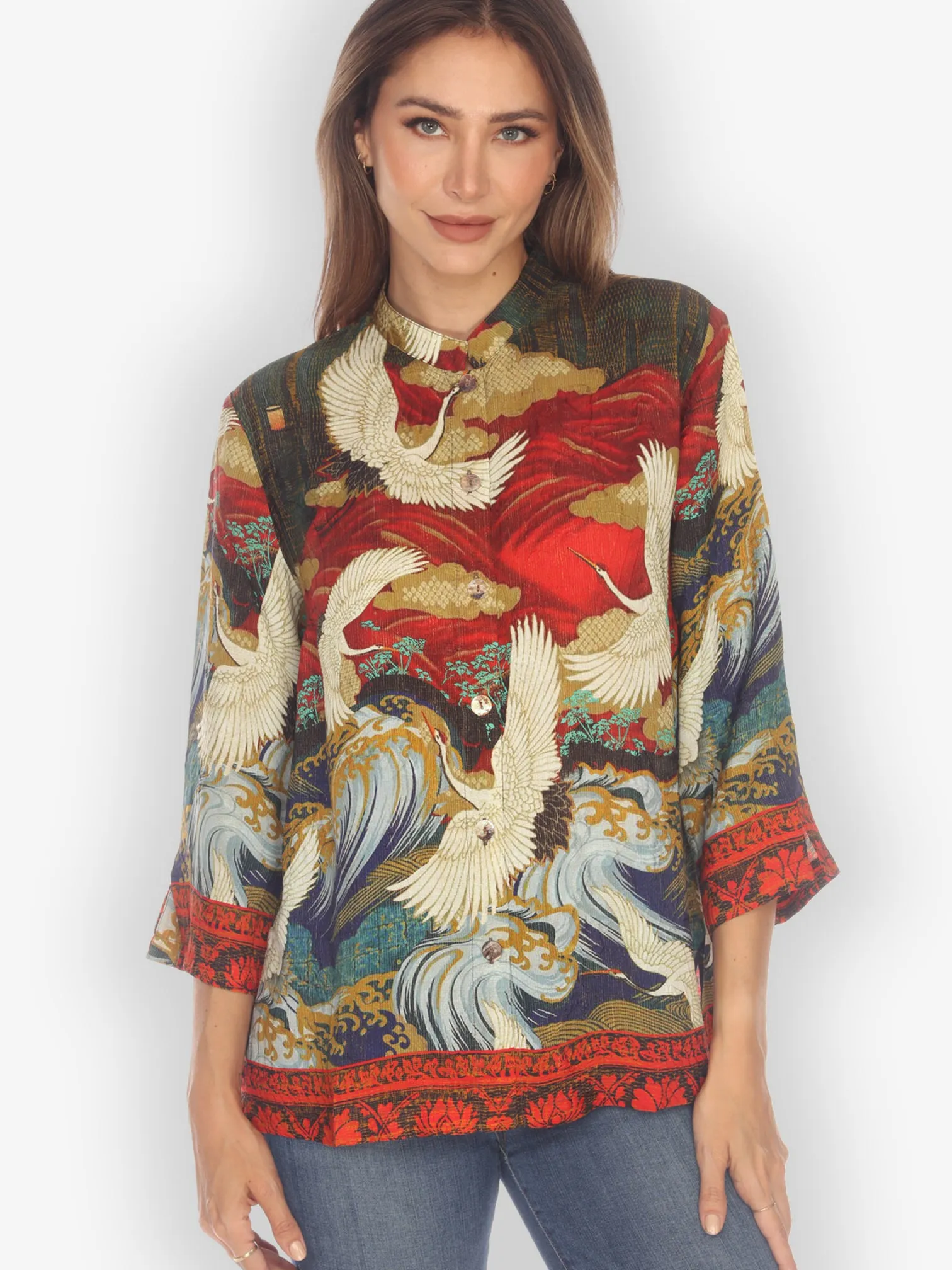 Crane Flying Fantasy Silk Blouse