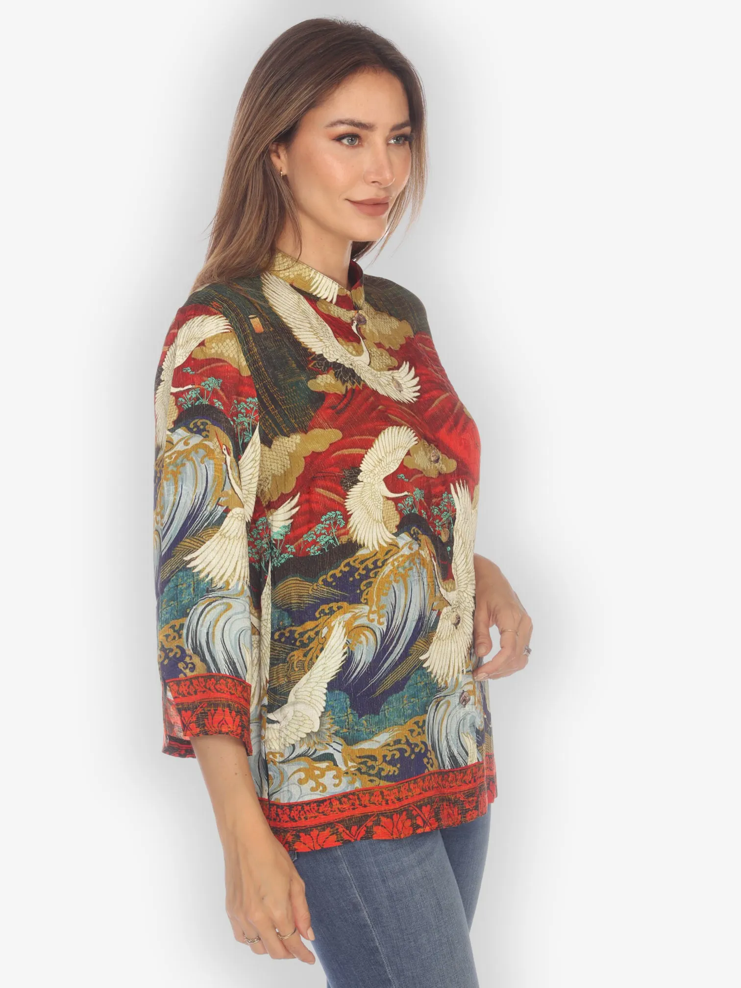 Crane Flying Fantasy Silk Blouse