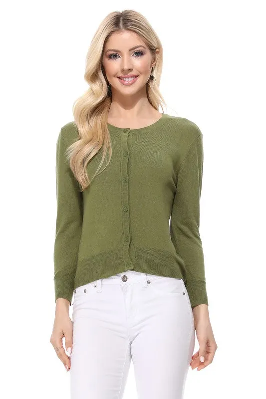 Crew neck Button Down Cardigan Sweater 3/4 sleeve