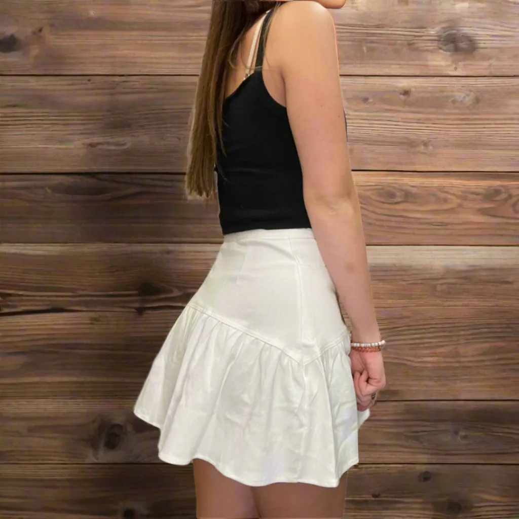DENIM TIERED AND PLEATED ZIPPER POCKETS