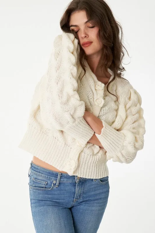 Donna Long Sleeve Flower Button Down Cropped Cardigan Ivory