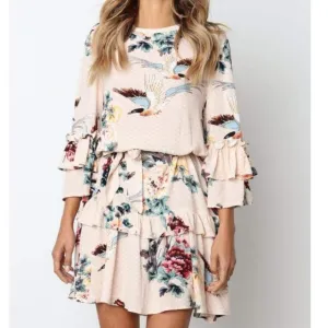FashionSierra - Women Autumn Spring Elegant Vintage Floral Ruffles Mini Dress Chsinese Printed Casual Dress