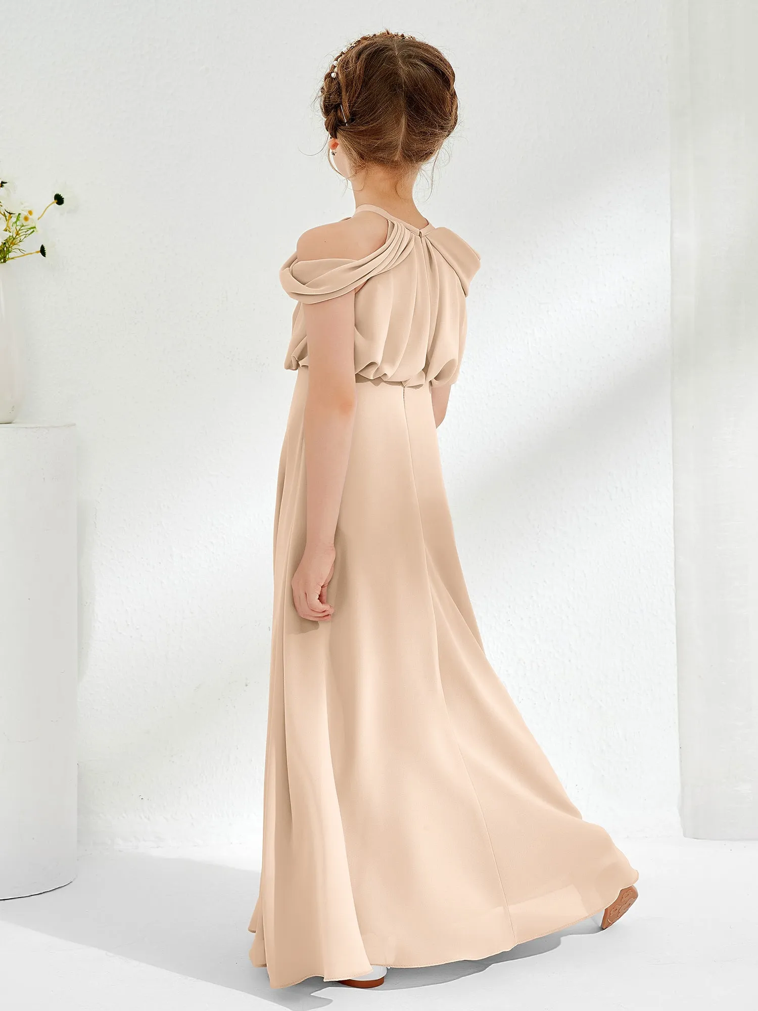 Halter Off-the-shoulder Junior Bridesmaid Dress Peach