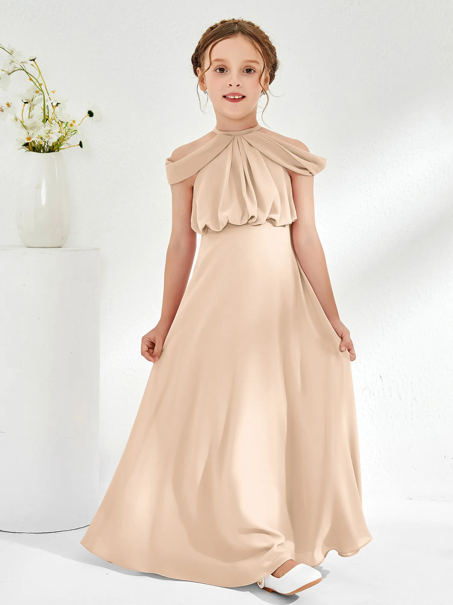 Halter Off-the-shoulder Junior Bridesmaid Dress Peach