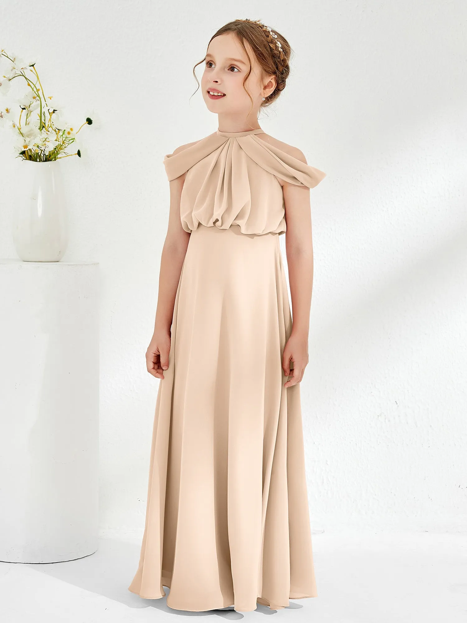 Halter Off-the-shoulder Junior Bridesmaid Dress Peach