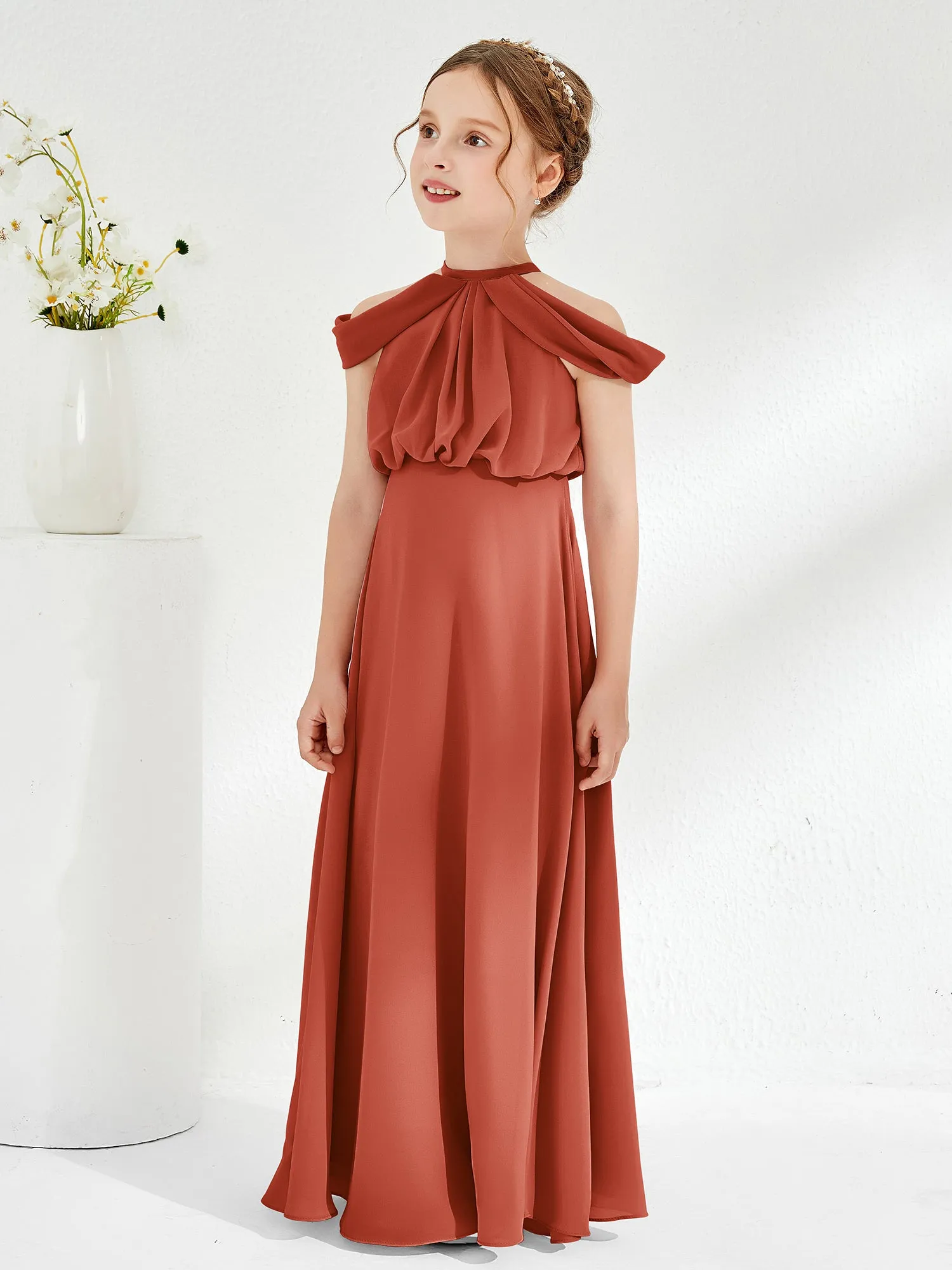 Halter Off-the-shoulder Junior Bridesmaid Dress Rust