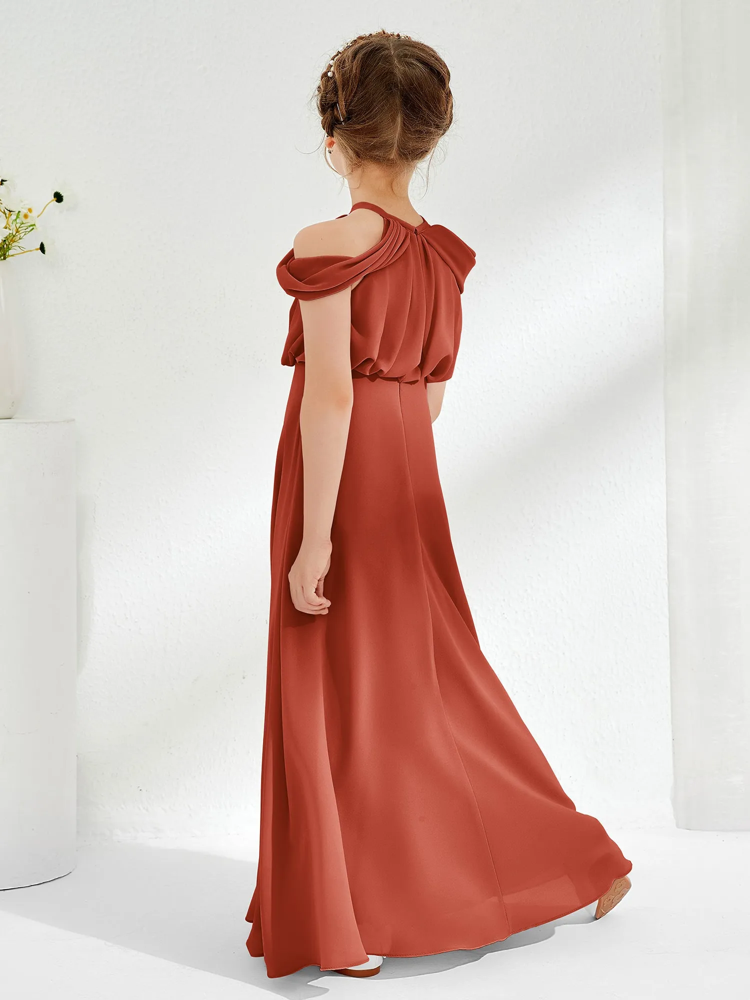Halter Off-the-shoulder Junior Bridesmaid Dress Rust