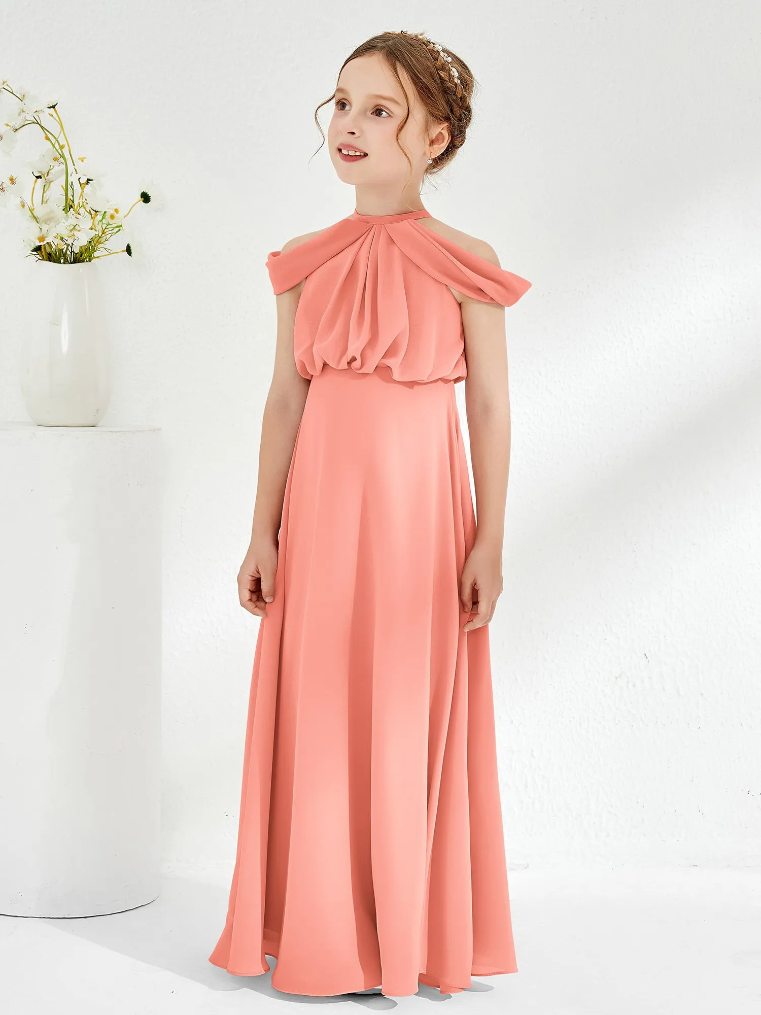 Halter Off-the-shoulder Junior Bridesmaid Dress Sunset