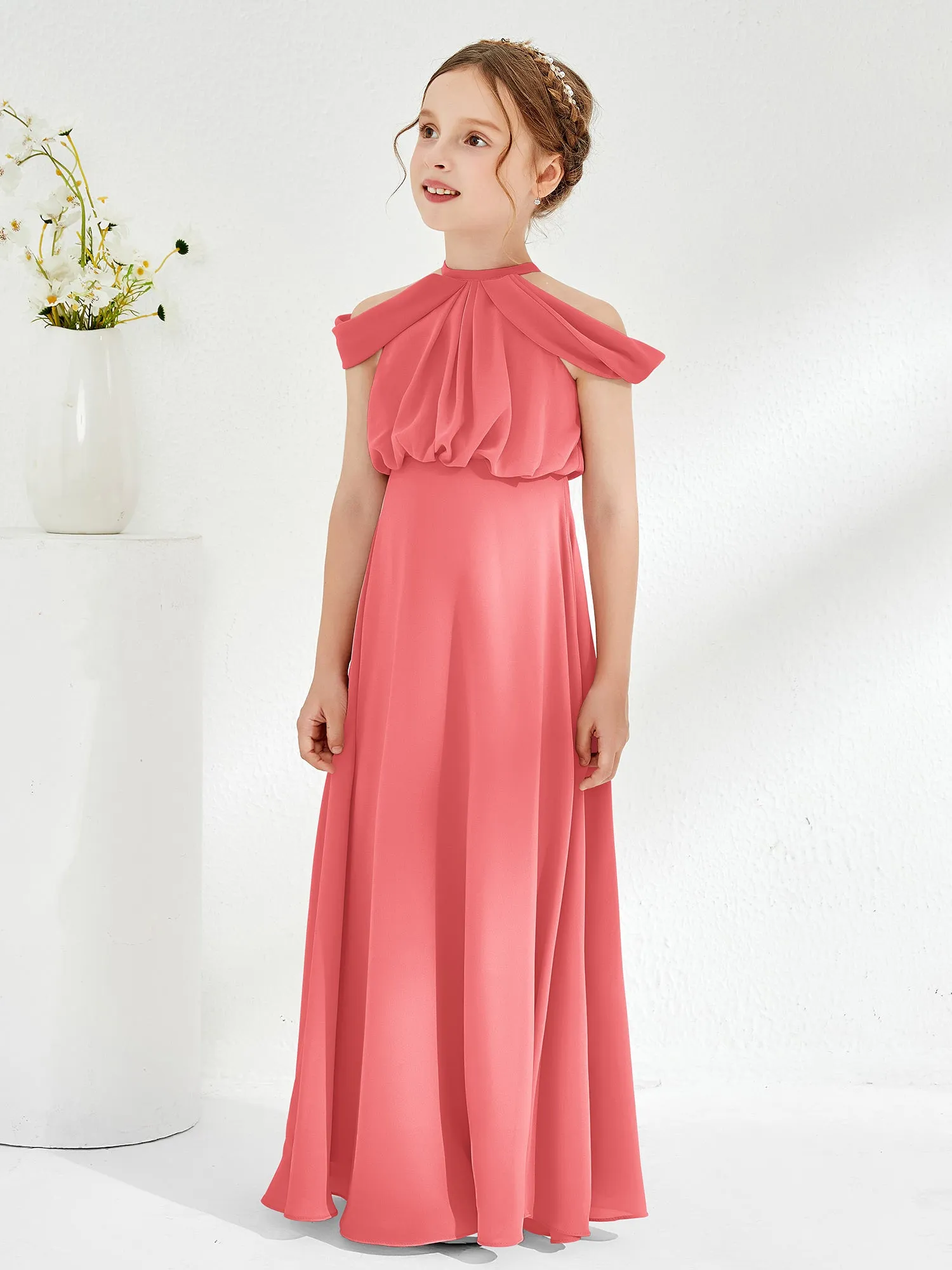 Halter Off-the-shoulder Junior Bridesmaid Dress Watermelon