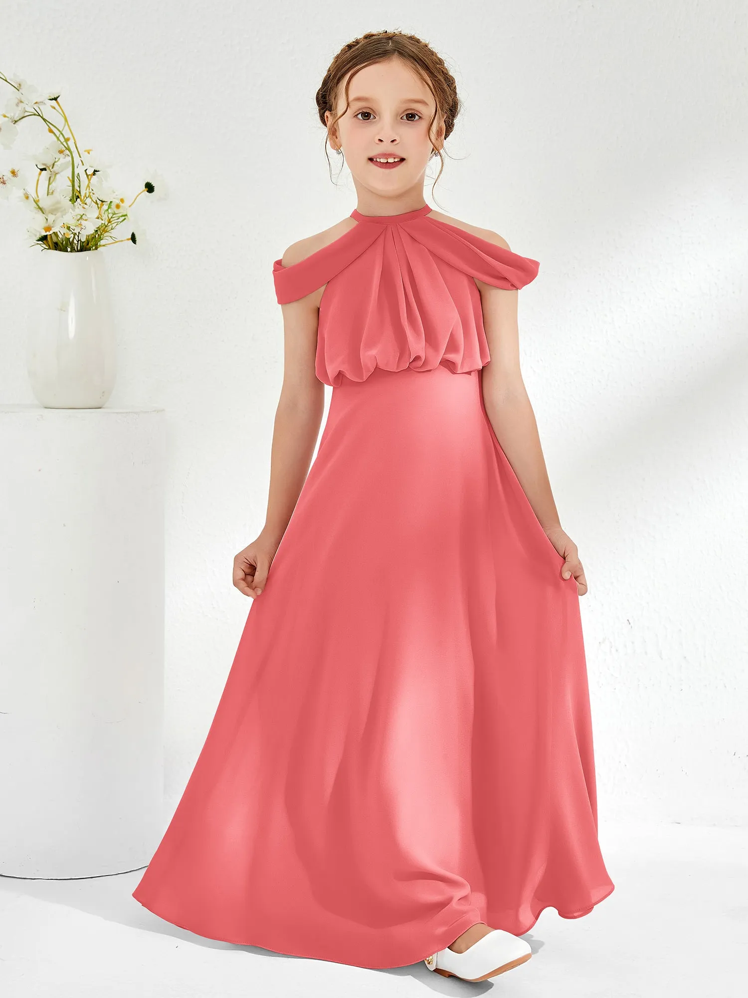 Halter Off-the-shoulder Junior Bridesmaid Dress Watermelon