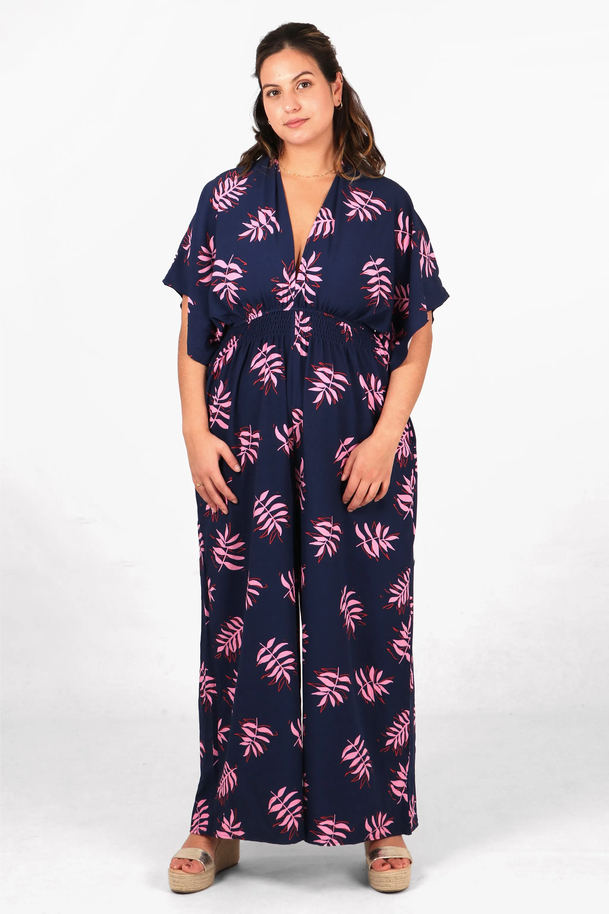 Jilly Deep V Jumpsuit - Navy Blue/Pink, Palm Leaf