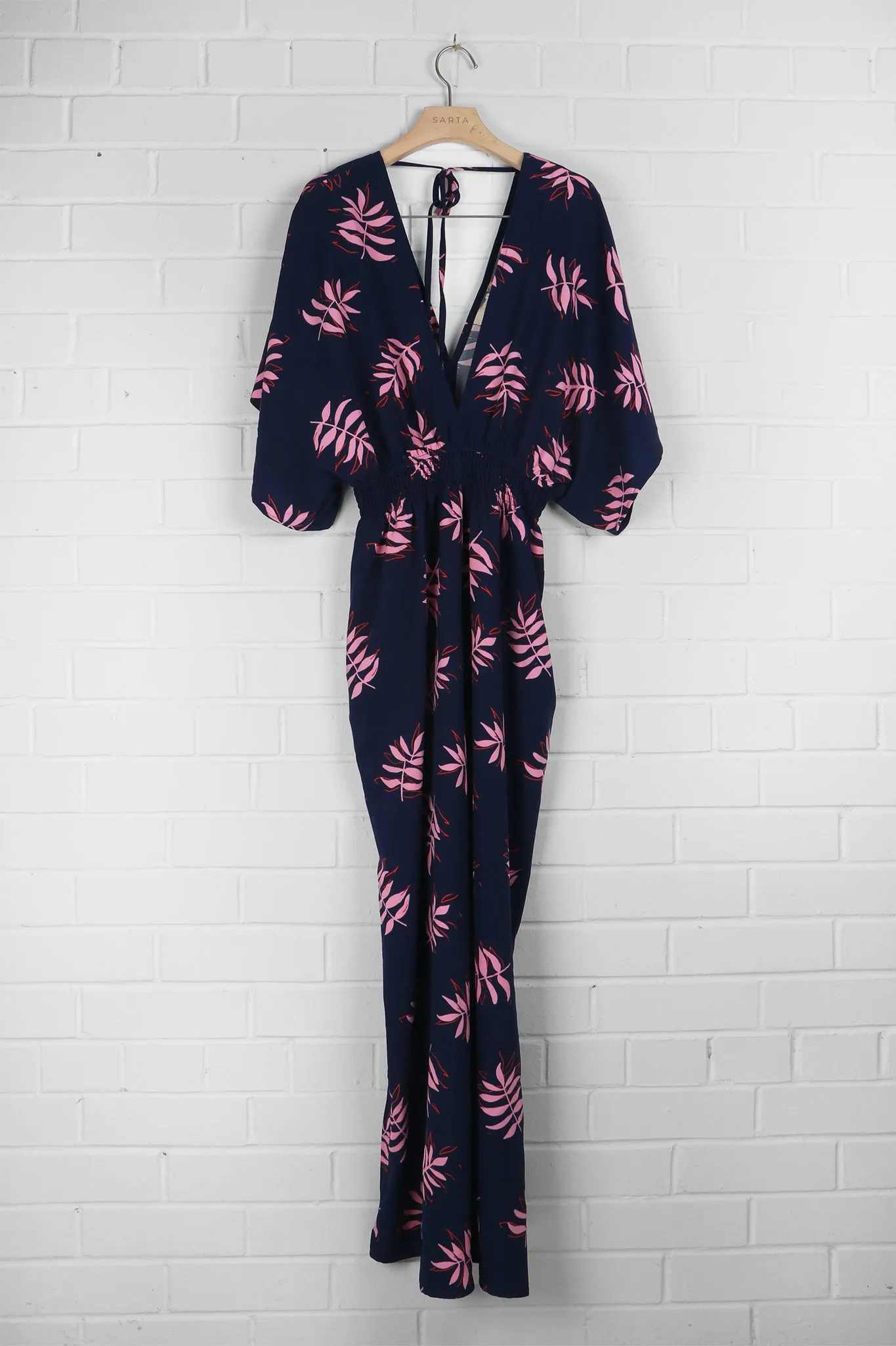 Jilly Deep V Jumpsuit - Navy Blue/Pink, Palm Leaf
