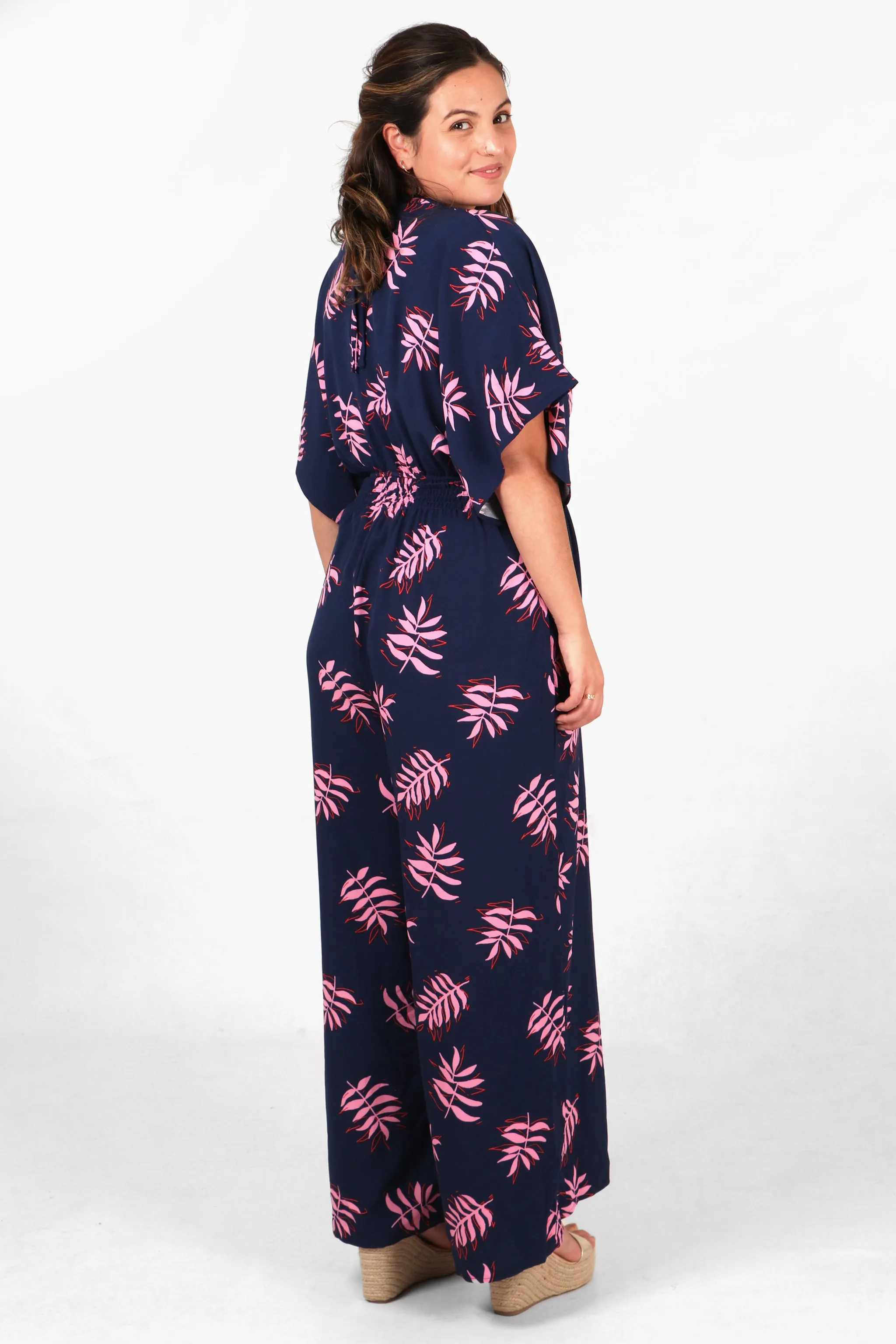 Jilly Deep V Jumpsuit - Navy Blue/Pink, Palm Leaf
