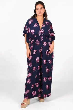 Jilly Deep V Jumpsuit - Navy Blue/Pink, Palm Leaf