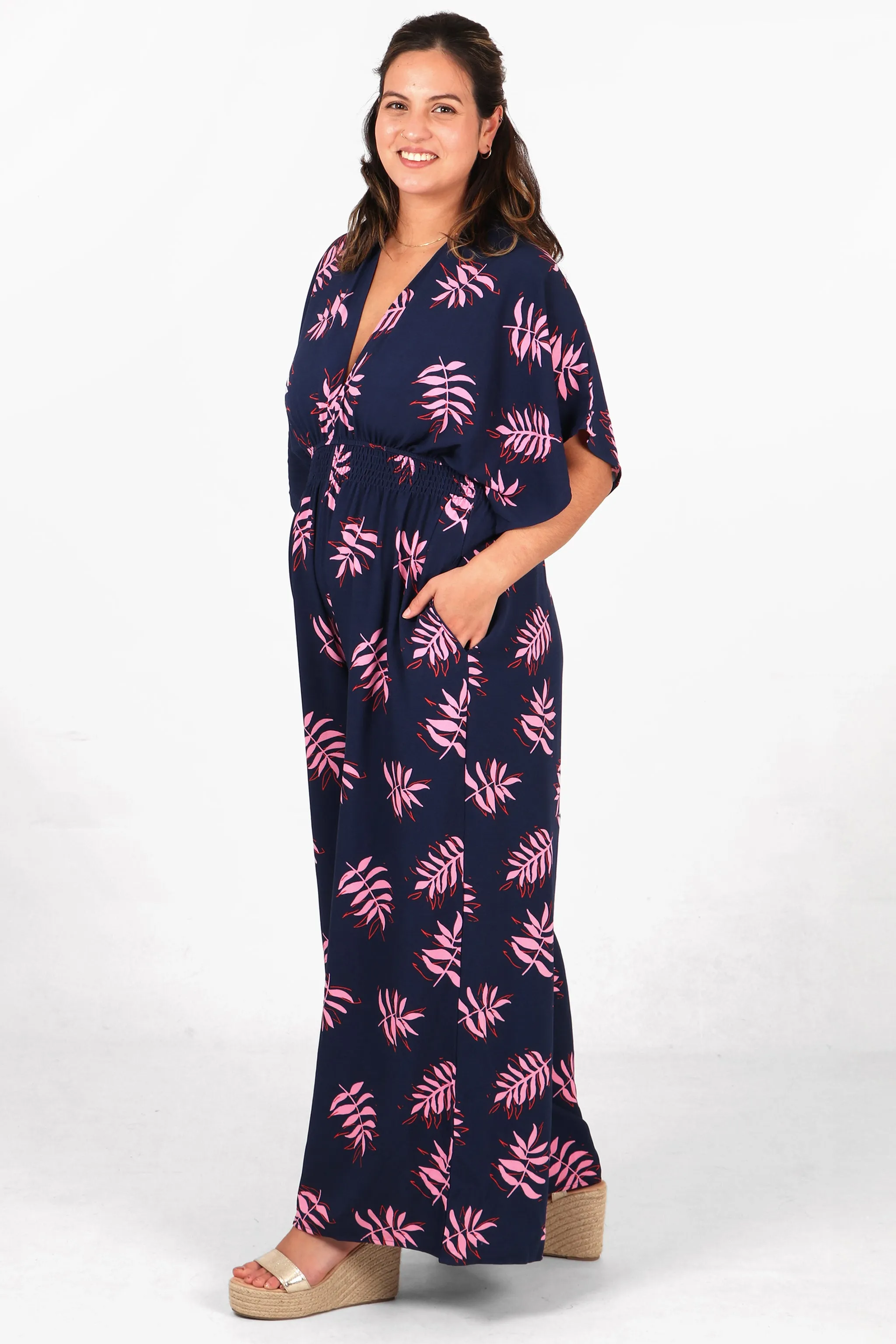 Jilly Deep V Jumpsuit - Navy Blue/Pink, Palm Leaf
