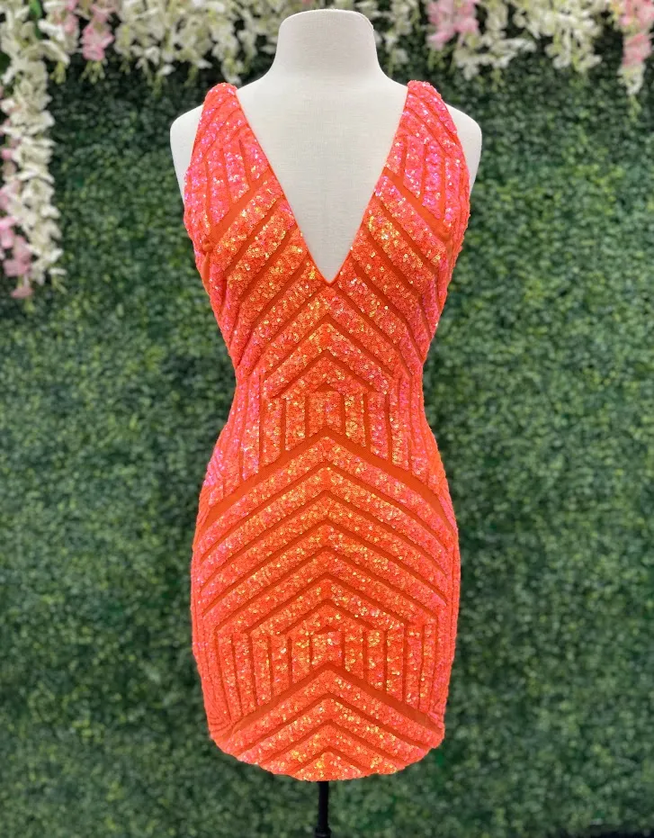Jovani 63899 Size 0, 6 Neon Orange Short Sequin Cocktail Fitted Homecoming Dress V Neck Sheer