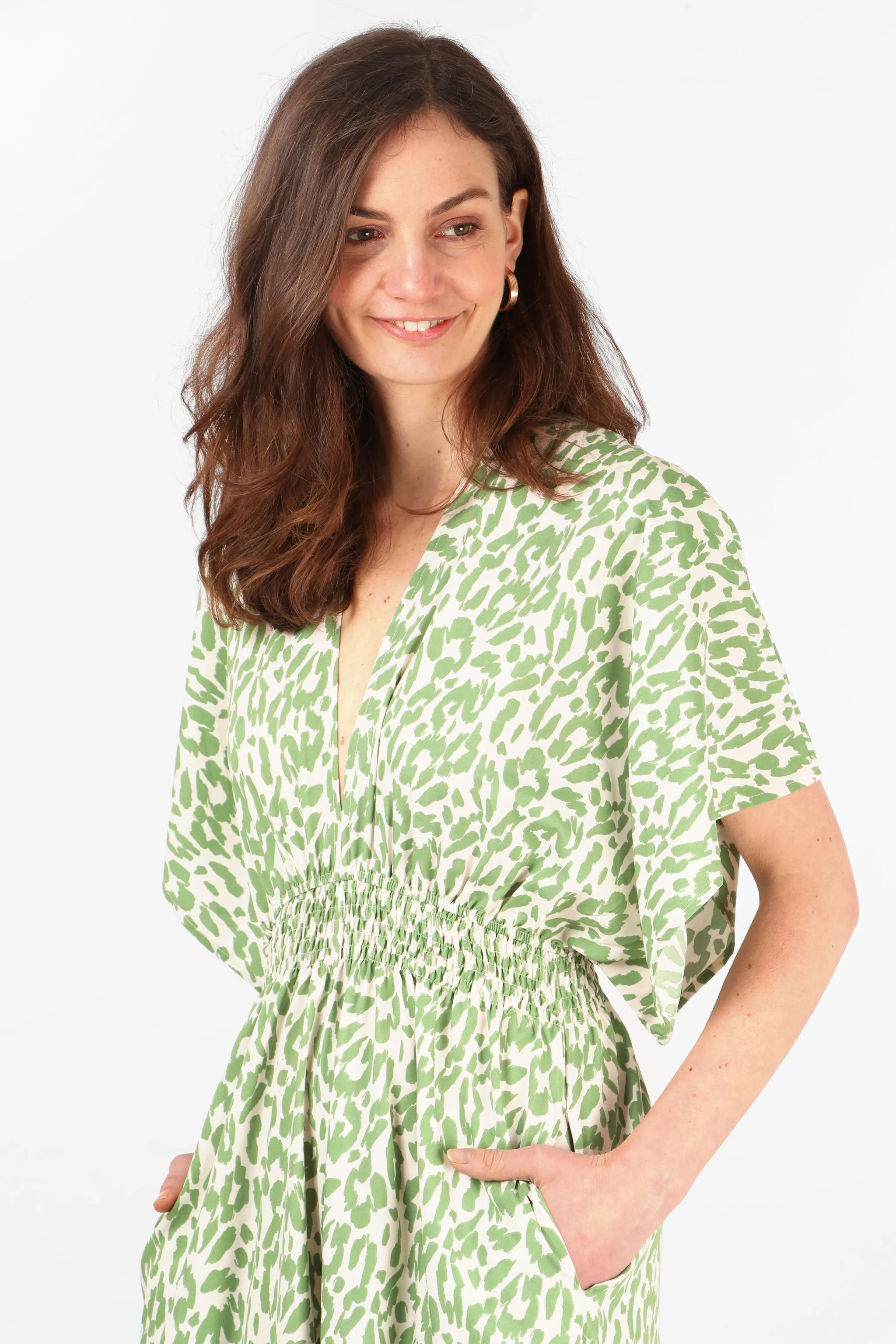 Leopard Print Wide Leg Shirred Waist Jumpsuit with Deep V Neckline in Olive Green
