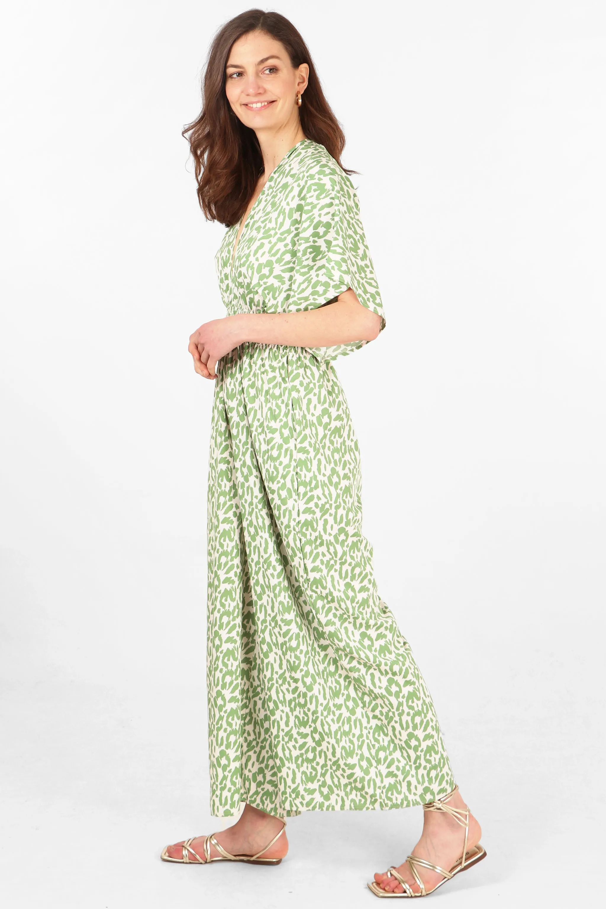 Leopard Print Wide Leg Shirred Waist Jumpsuit with Deep V Neckline in Olive Green