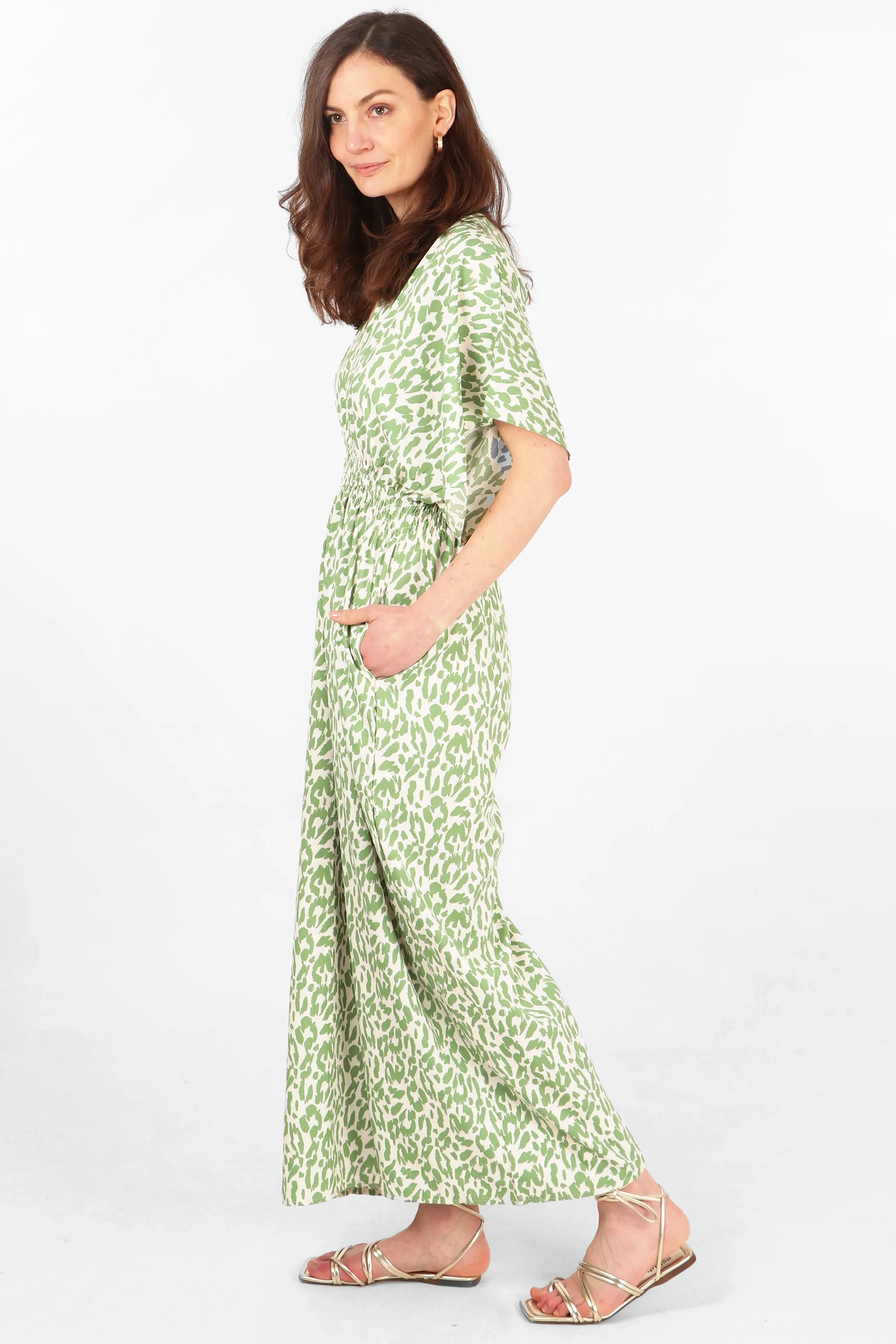Leopard Print Wide Leg Shirred Waist Jumpsuit with Deep V Neckline in Olive Green
