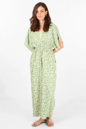 Leopard Print Wide Leg Shirred Waist Jumpsuit with Deep V Neckline in Olive Green