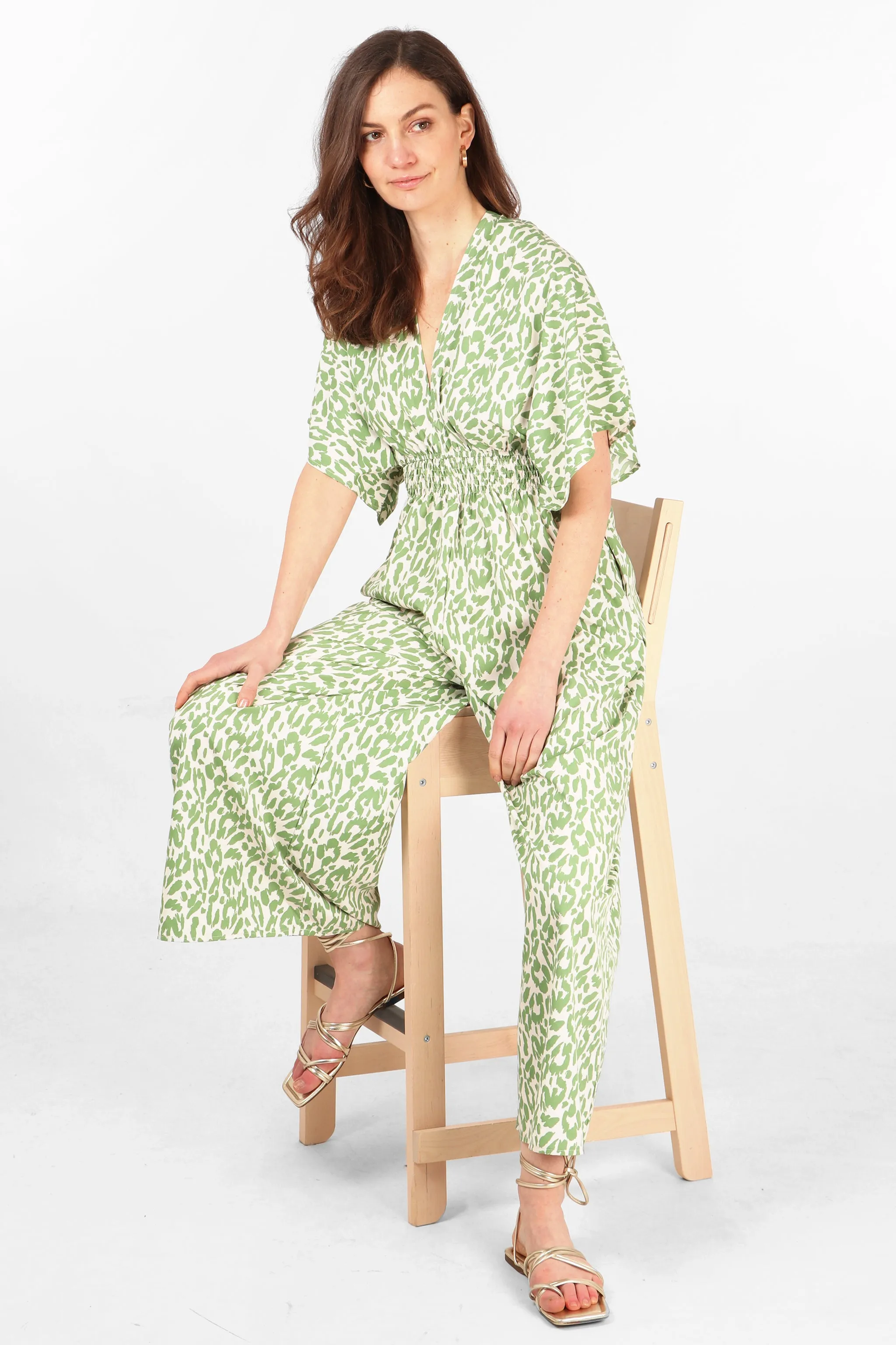 Leopard Print Wide Leg Shirred Waist Jumpsuit with Deep V Neckline in Olive Green