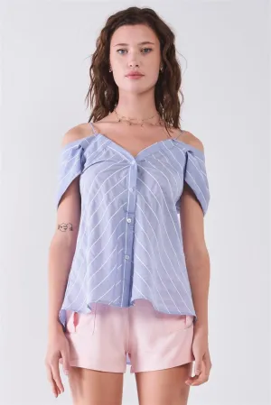 Light-Blue Striped V-Neck Off-The-Shoulder Short Sleeve Front Button Down Loose Fit Top