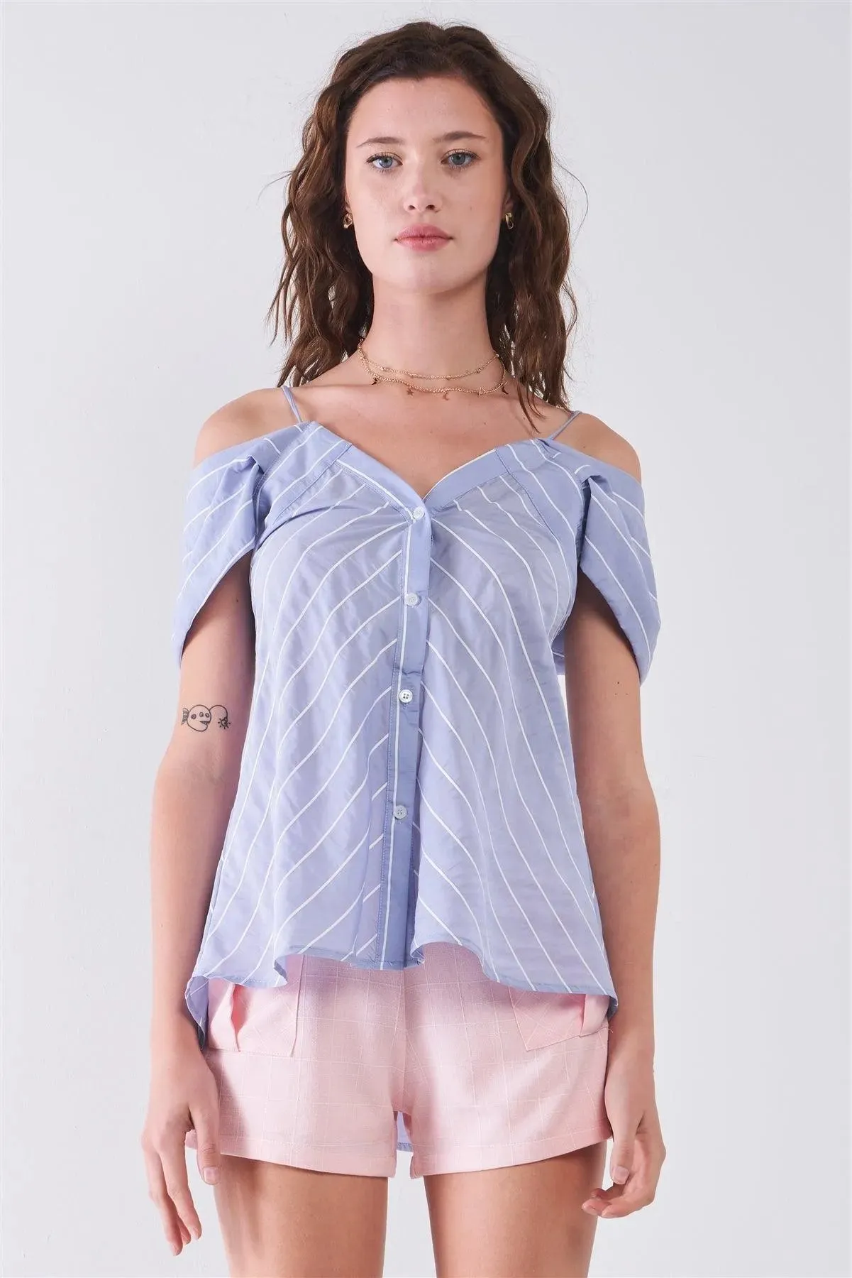 Light-Blue Striped V-Neck Off-The-Shoulder Short Sleeve Front Button Down Loose Fit Top