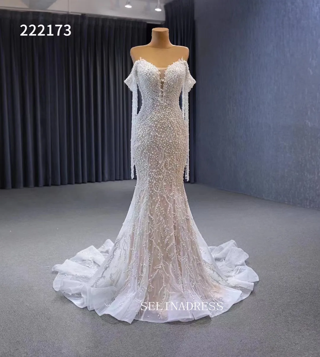 Luxury Mermaid Long Sleeve White Wedding Dress Beaded Bridal Gowns 222173
