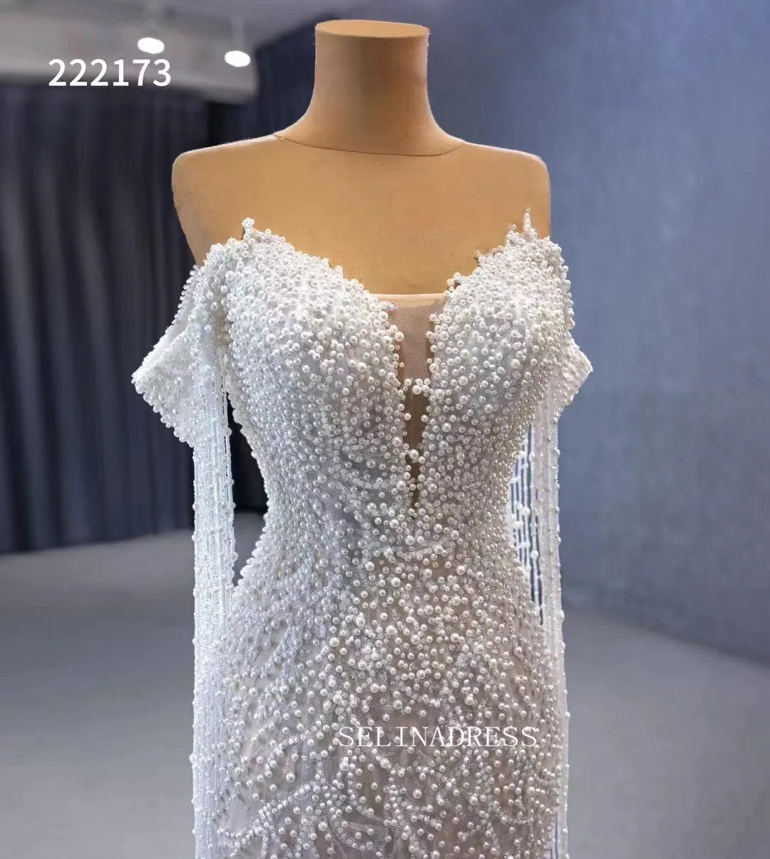 Luxury Mermaid Long Sleeve White Wedding Dress Beaded Bridal Gowns 222173