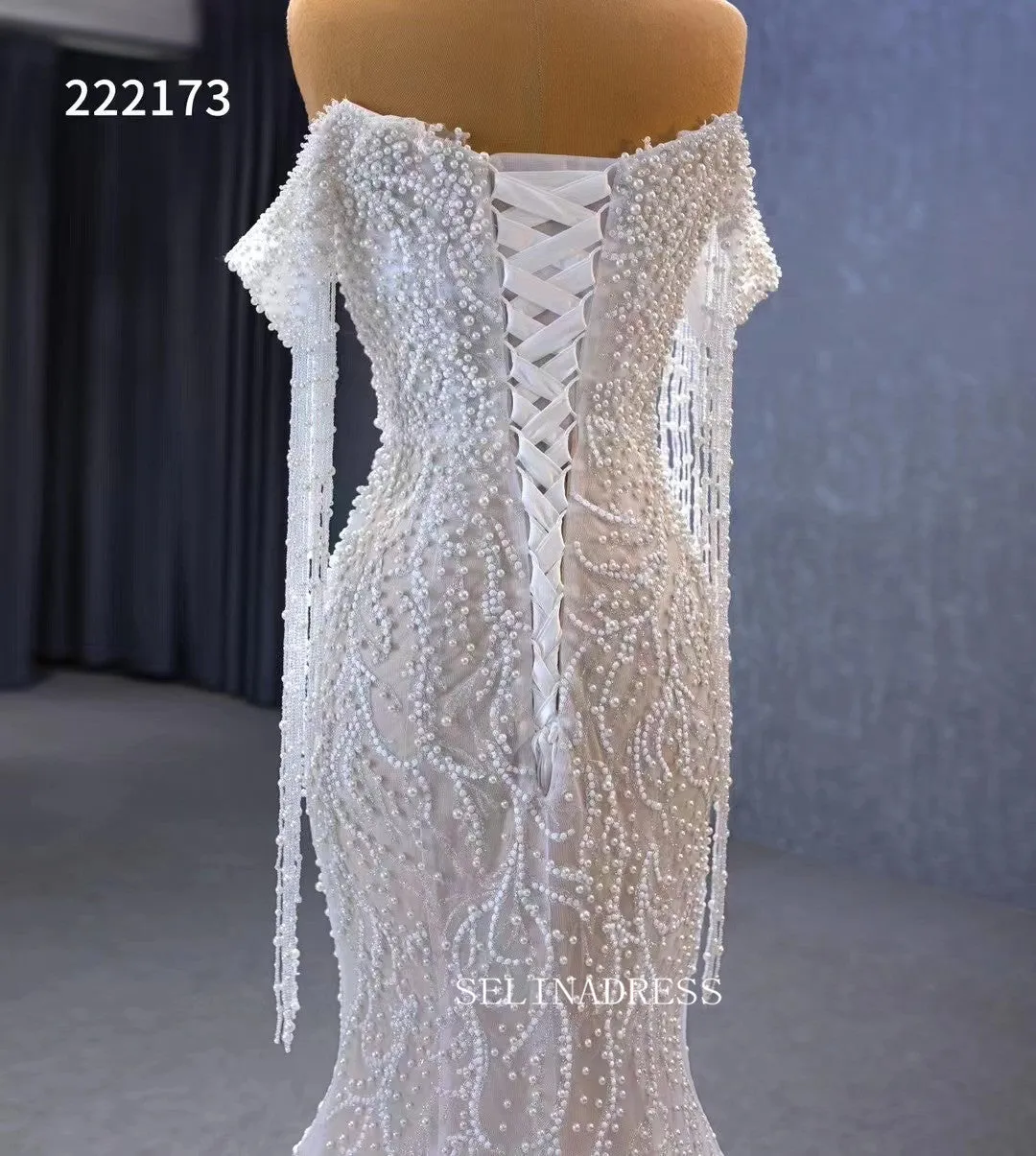Luxury Mermaid Long Sleeve White Wedding Dress Beaded Bridal Gowns 222173