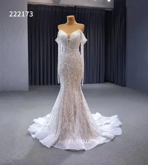 Luxury Mermaid Long Sleeve White Wedding Dress Beaded Bridal Gowns 222173