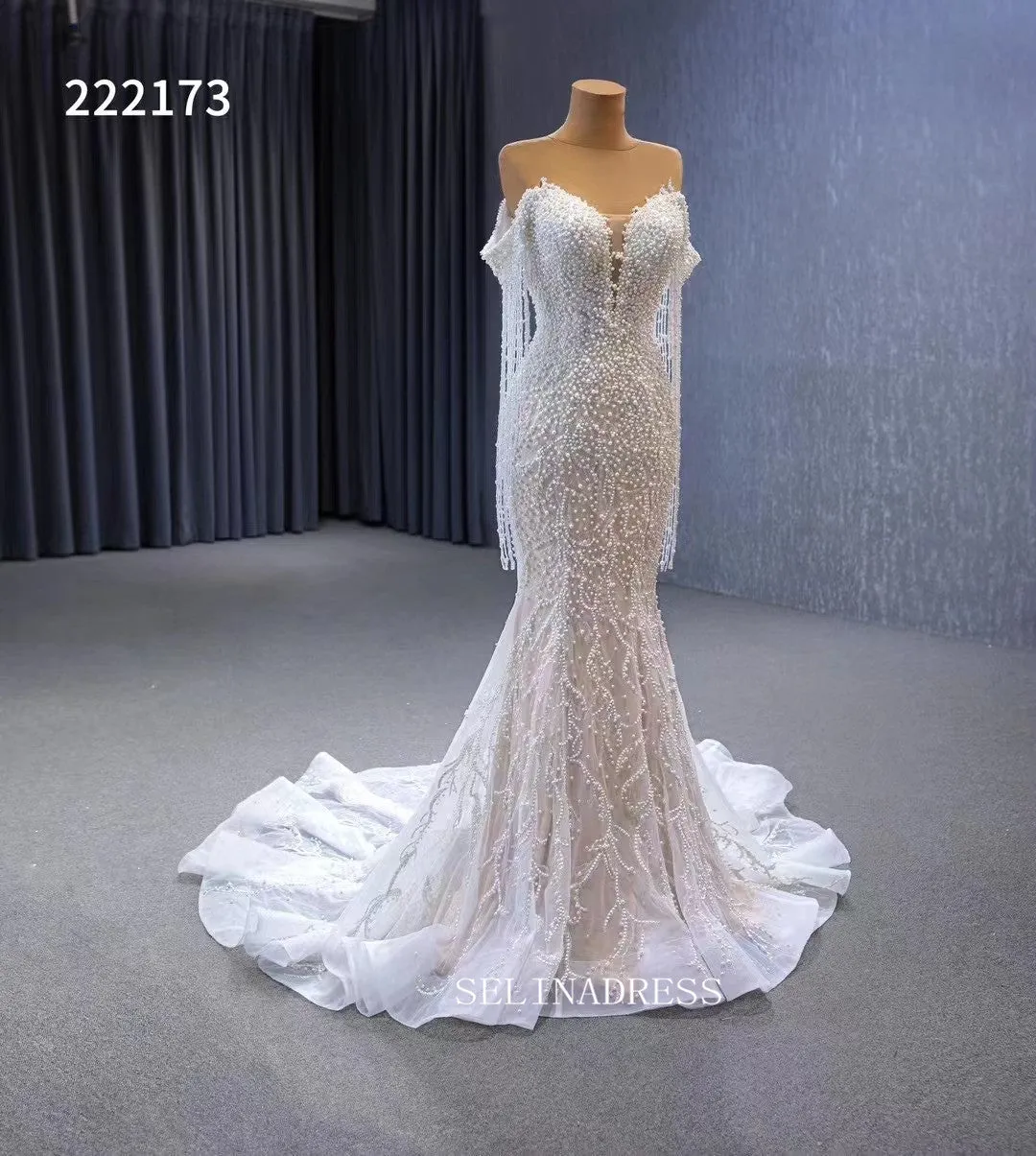 Luxury Mermaid Long Sleeve White Wedding Dress Beaded Bridal Gowns 222173