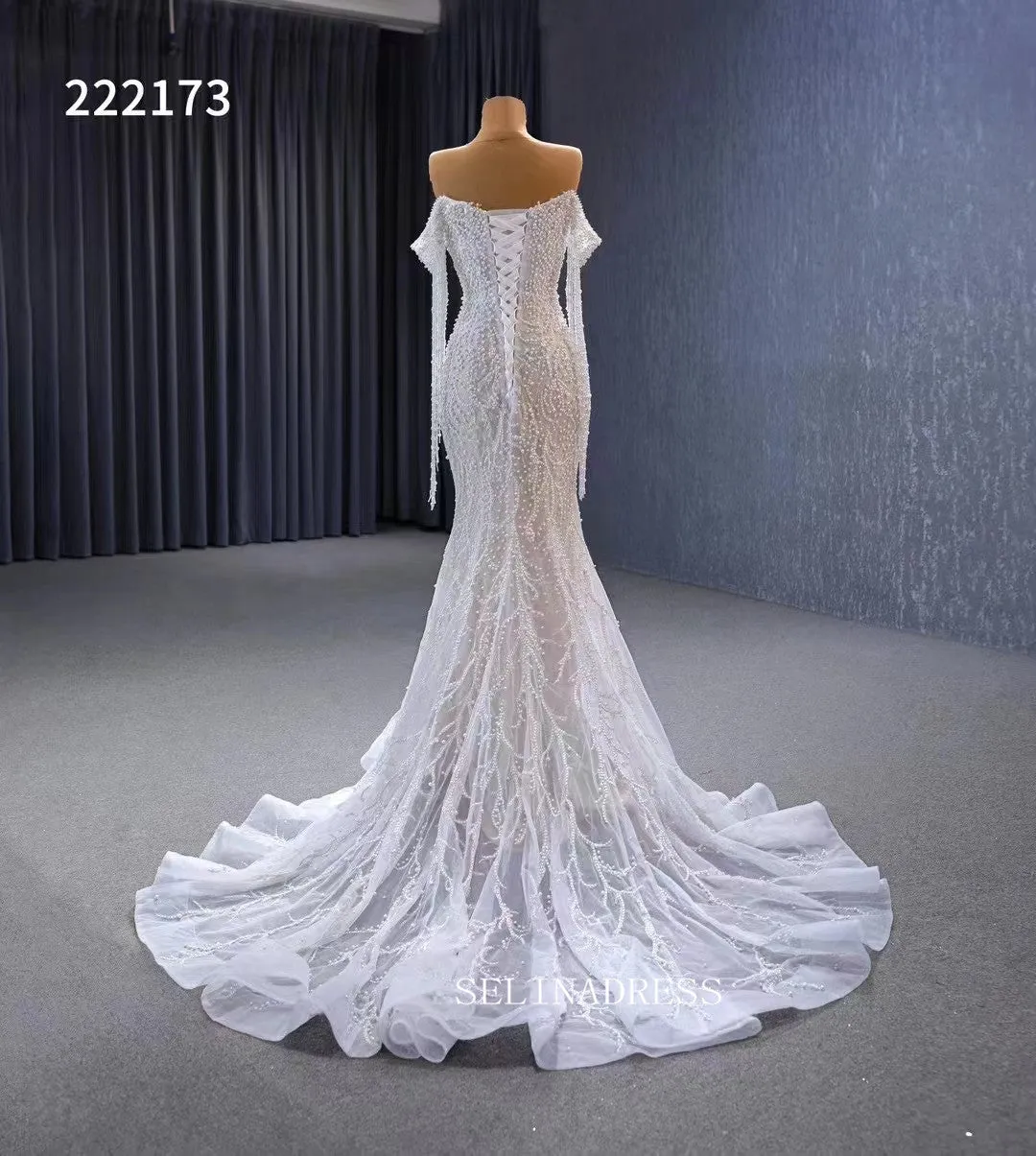 Luxury Mermaid Long Sleeve White Wedding Dress Beaded Bridal Gowns 222173