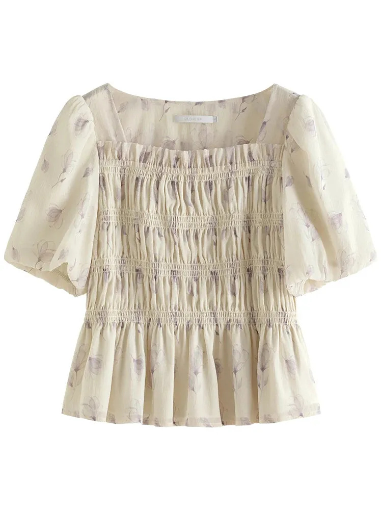 LVSANW DUSHU French Fairy Sense Printed Slim Waist Shirt for Women Summer Newly Pastoral Style Thin Square Neck Shirt Tops Female