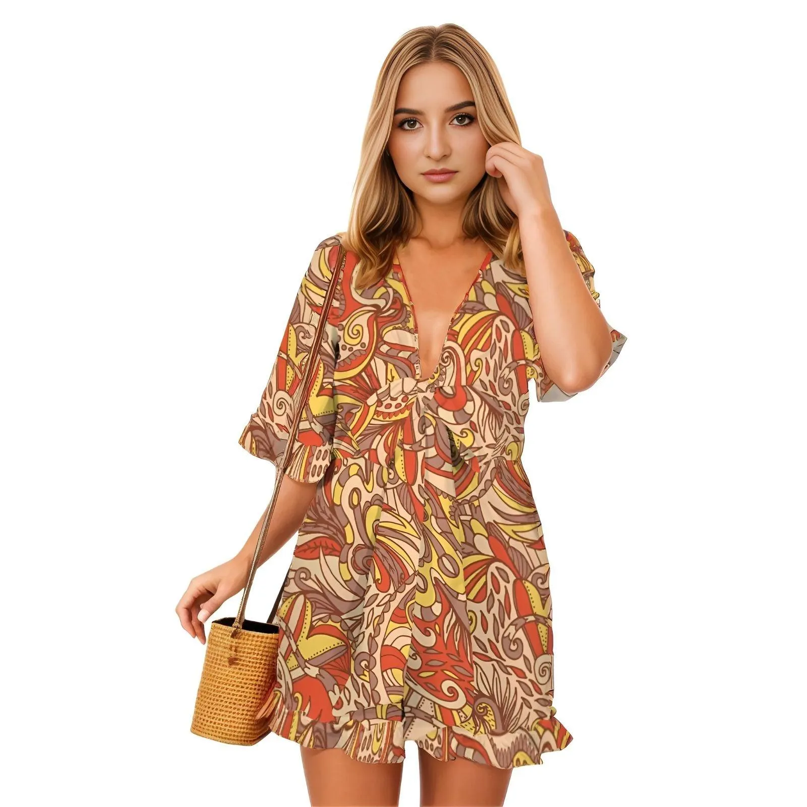 Miarna Ruffle Hem Front Knot Romper