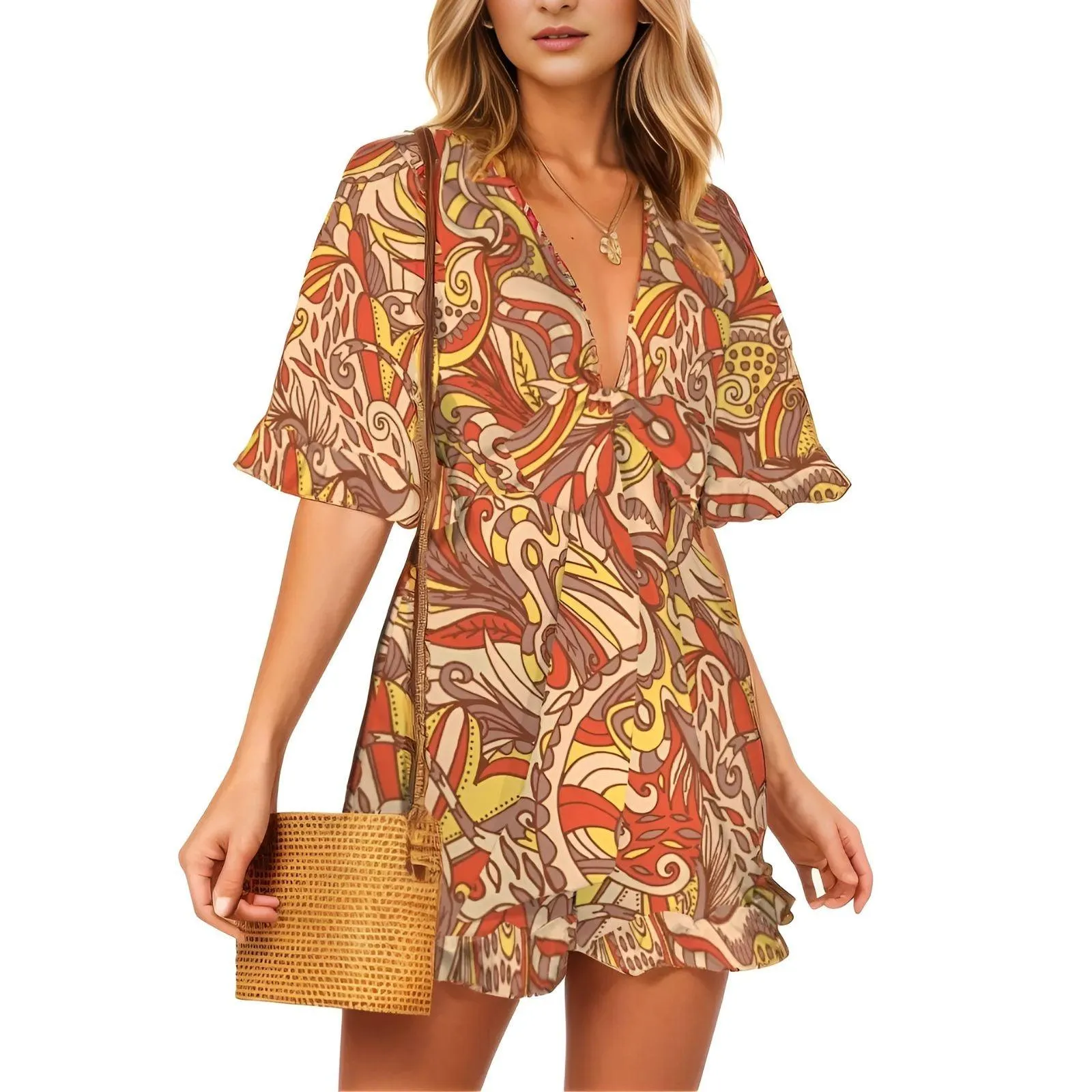 Miarna Ruffle Hem Front Knot Romper