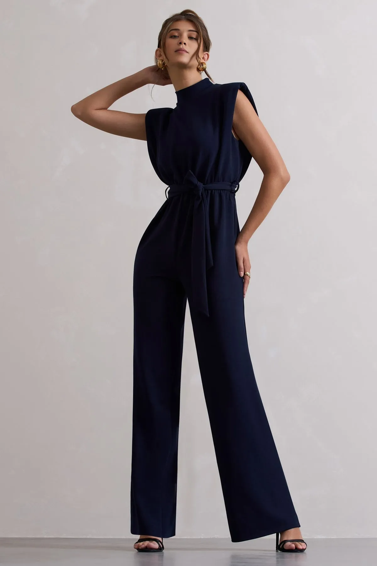 Navy High-Neck Wide-Leg Jumpsuit with Belted Waist
