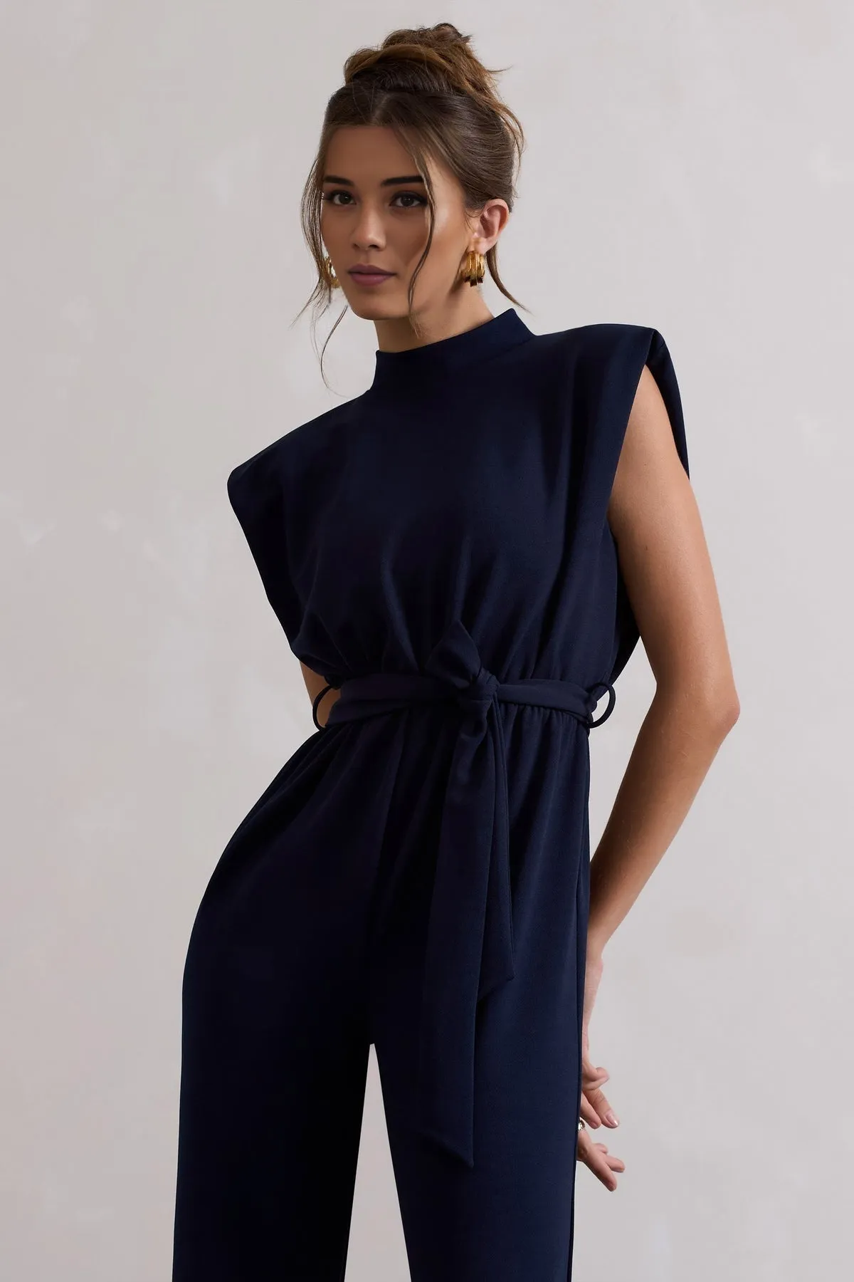 Navy High-Neck Wide-Leg Jumpsuit with Belted Waist