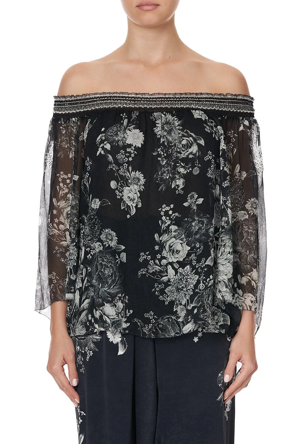 OFF SHOULDER SHIRRED BLOUSE MOONSHINE BLOOM