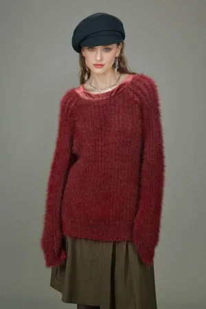 Oversized Faux Mink Fur Crewneck Sweater with Velvet Collar